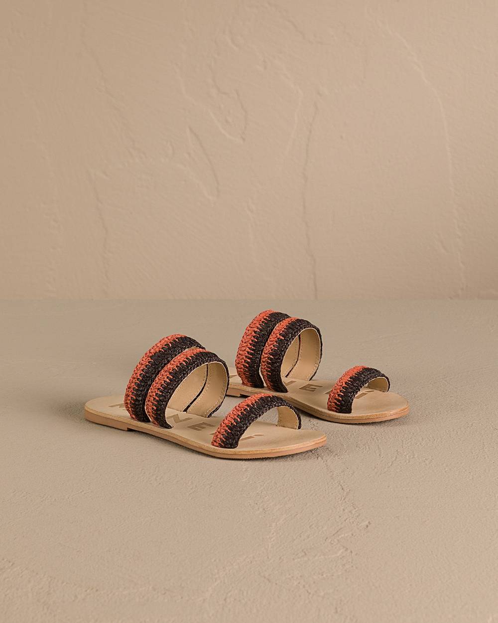 Manebí Raffia Stripes Leather|Three Bands Sandals - Orange Rust \u0026 Cocoa Vendite Flash