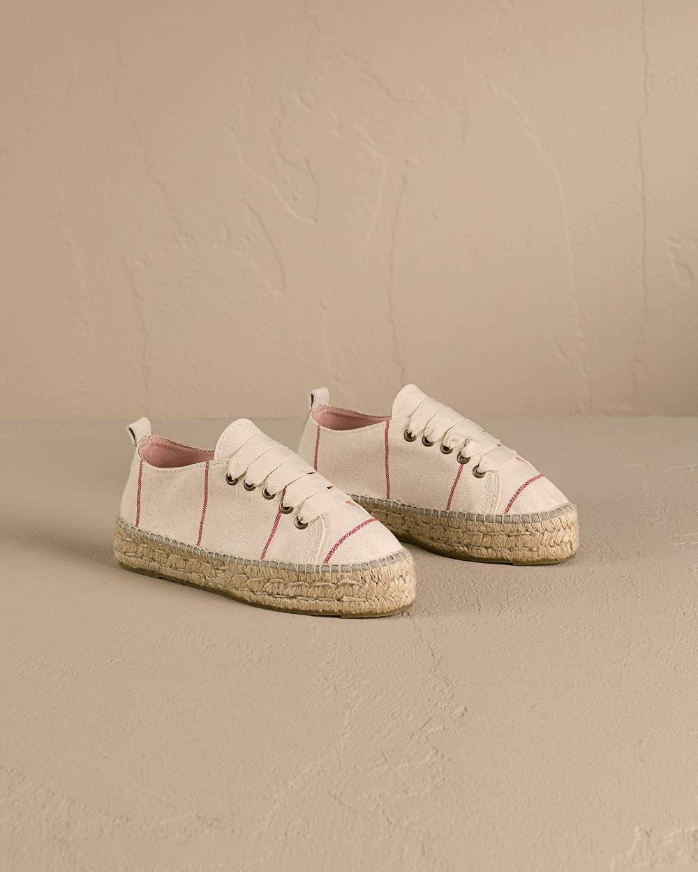 Manebí Woven Canvas|Lace-Up Espadrilles - Red Micro Stripes On Beige Smaltimento dello stoccaggio