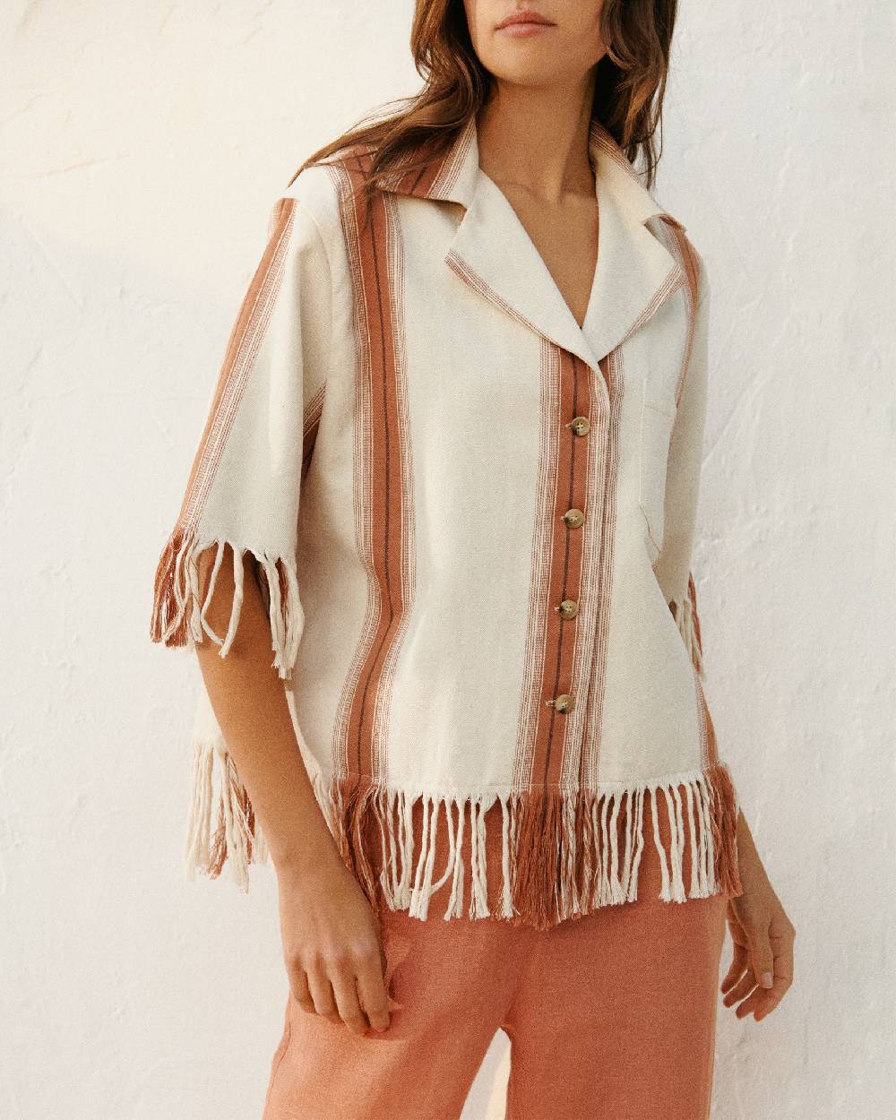 Manebí Cotton Silk Blend Cumana Shirt - Eggnog \u0026 Rust Stripes And Fringes Enormi risparmi
