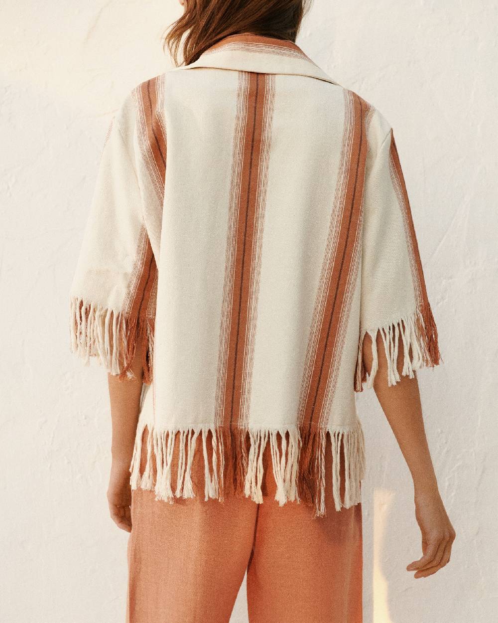 Manebí Cotton Silk Blend Cumana Shirt - Eggnog \u0026 Rust Stripes And Fringes Enormi risparmi