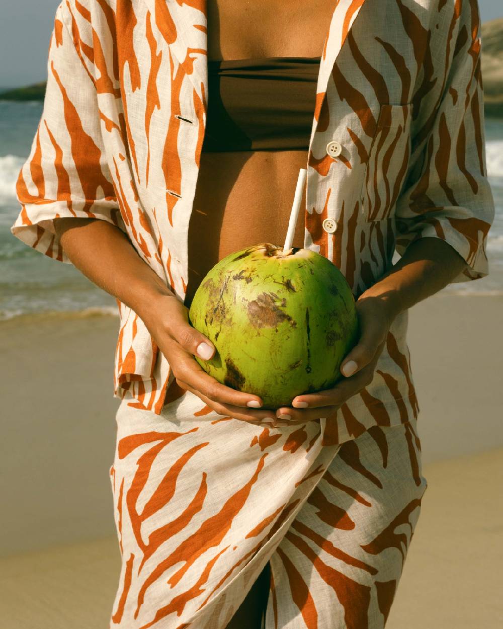 Manebí Printed Linen Cumana Shirt - Eggnog \u0026 Orange Rust Zebra Promozione temporanea