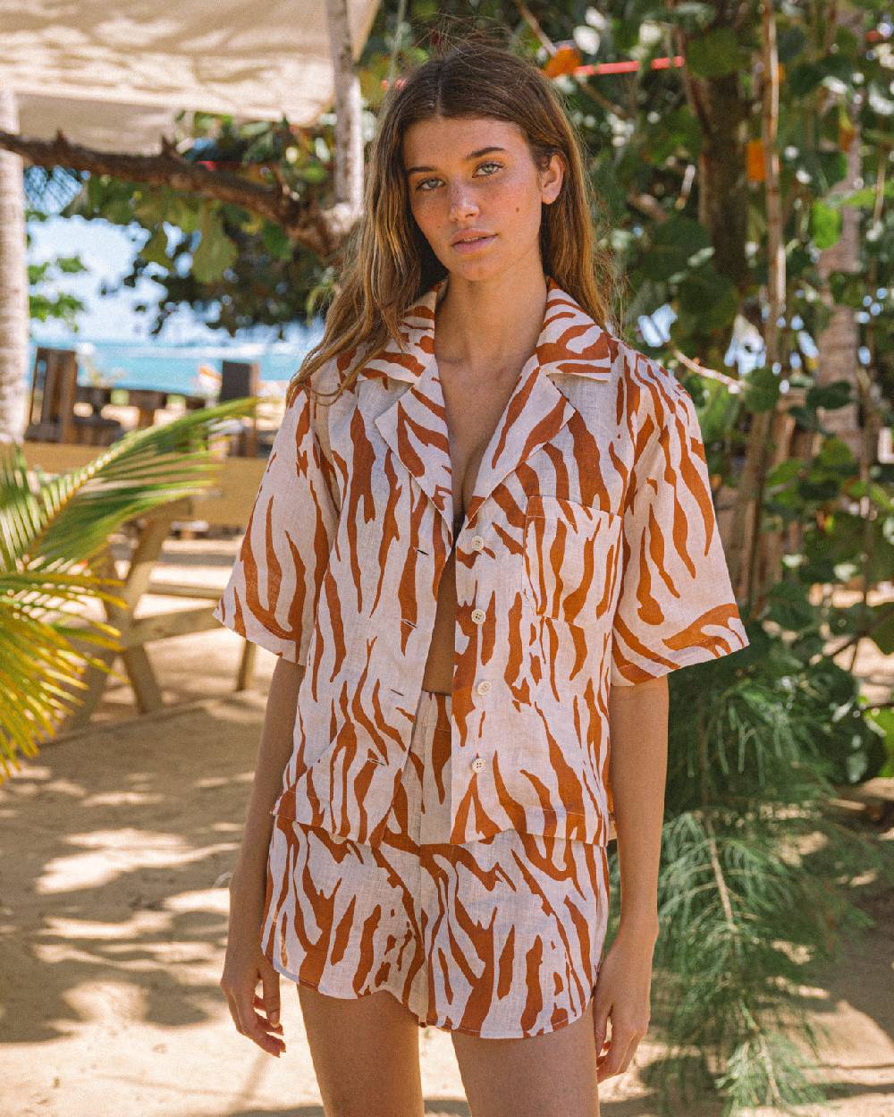 Manebí Printed Linen Cumana Shirt - Eggnog \u0026 Orange Rust Zebra Promozione temporanea