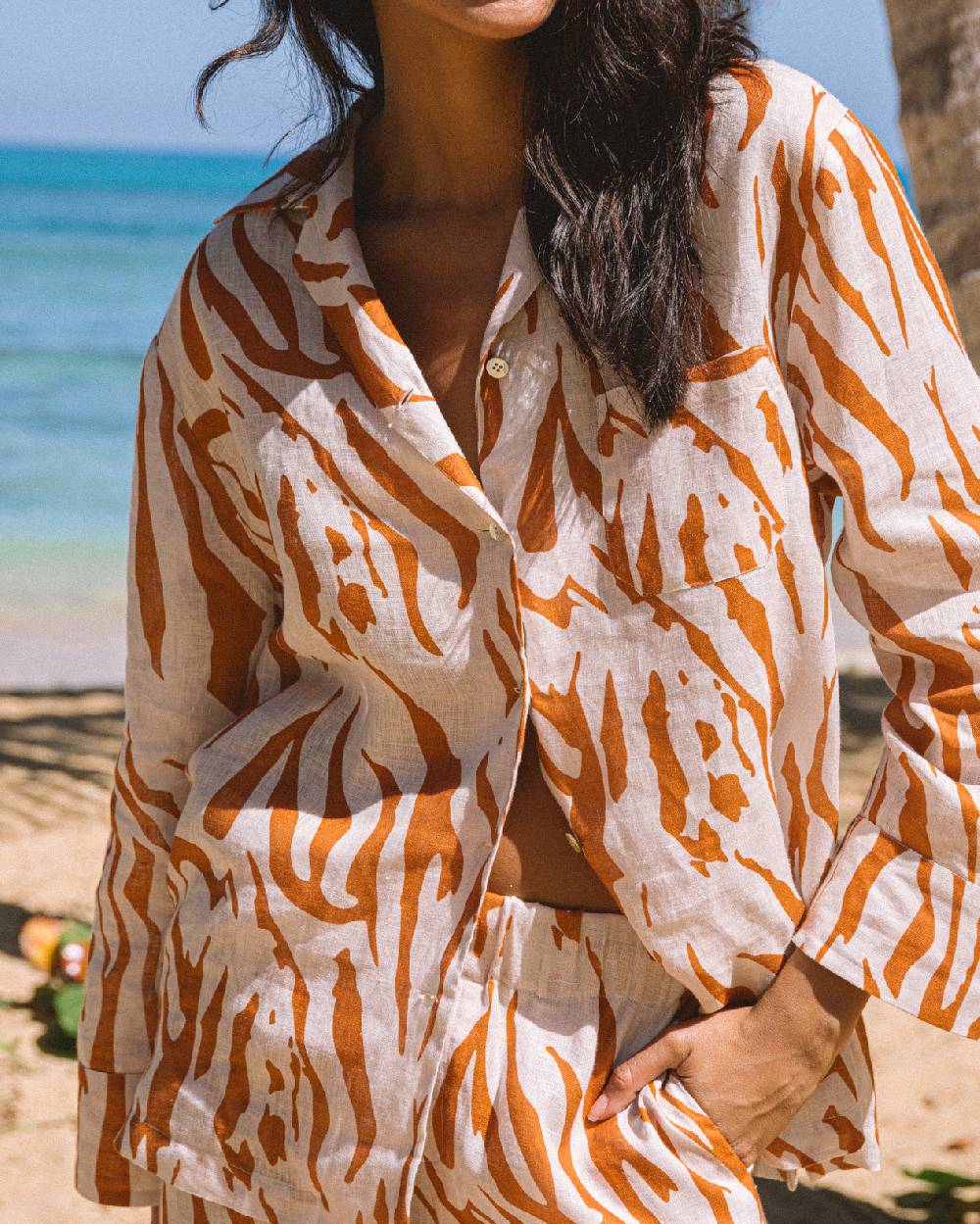 Manebí Printed Linen Natal Shirt - Eggnog \u0026 Orange Rust Zebra Fino al 60% di sconto