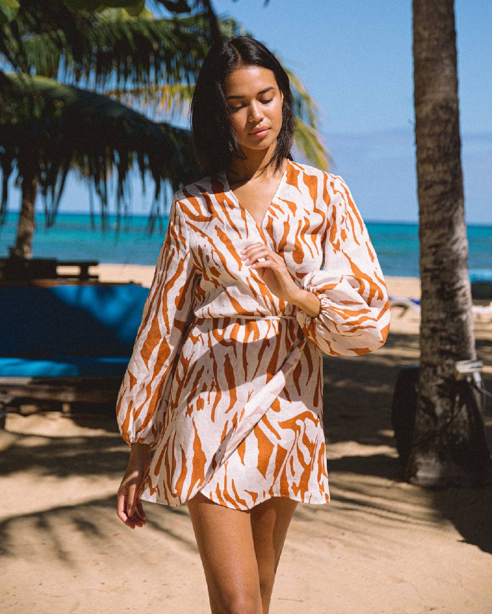 Manebí Printed Linen Caracas Dress - Eggnog \u0026 Orange Rust Zebra Fino al 55% di sconto