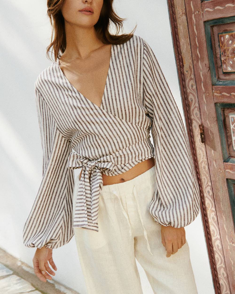 Manebí Viscose Blend Icara Top - Off White \u0026 Cocoa Stripes Super sconto