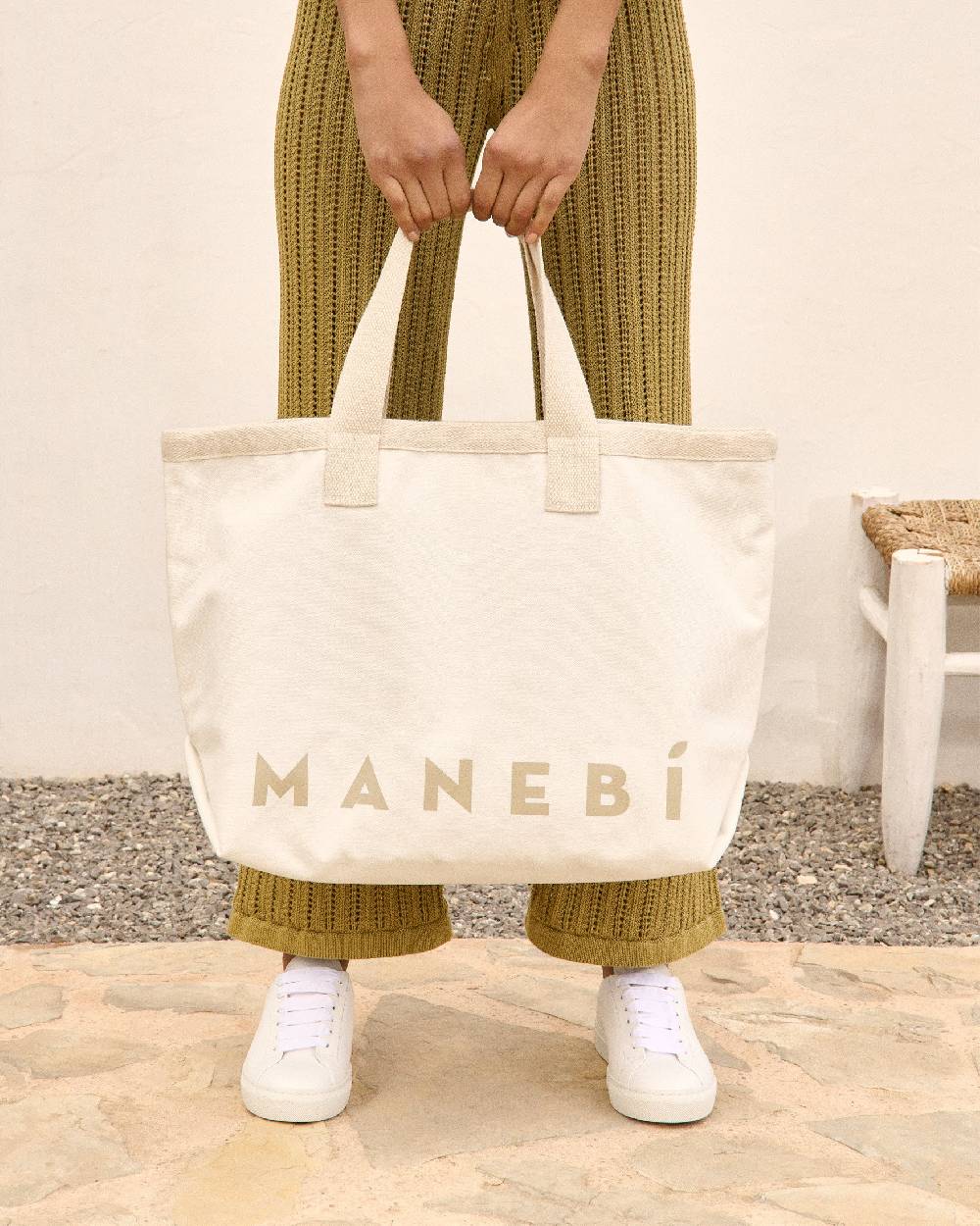 Manebí Canvas California Tote Bag - White With Beige Logo 2025