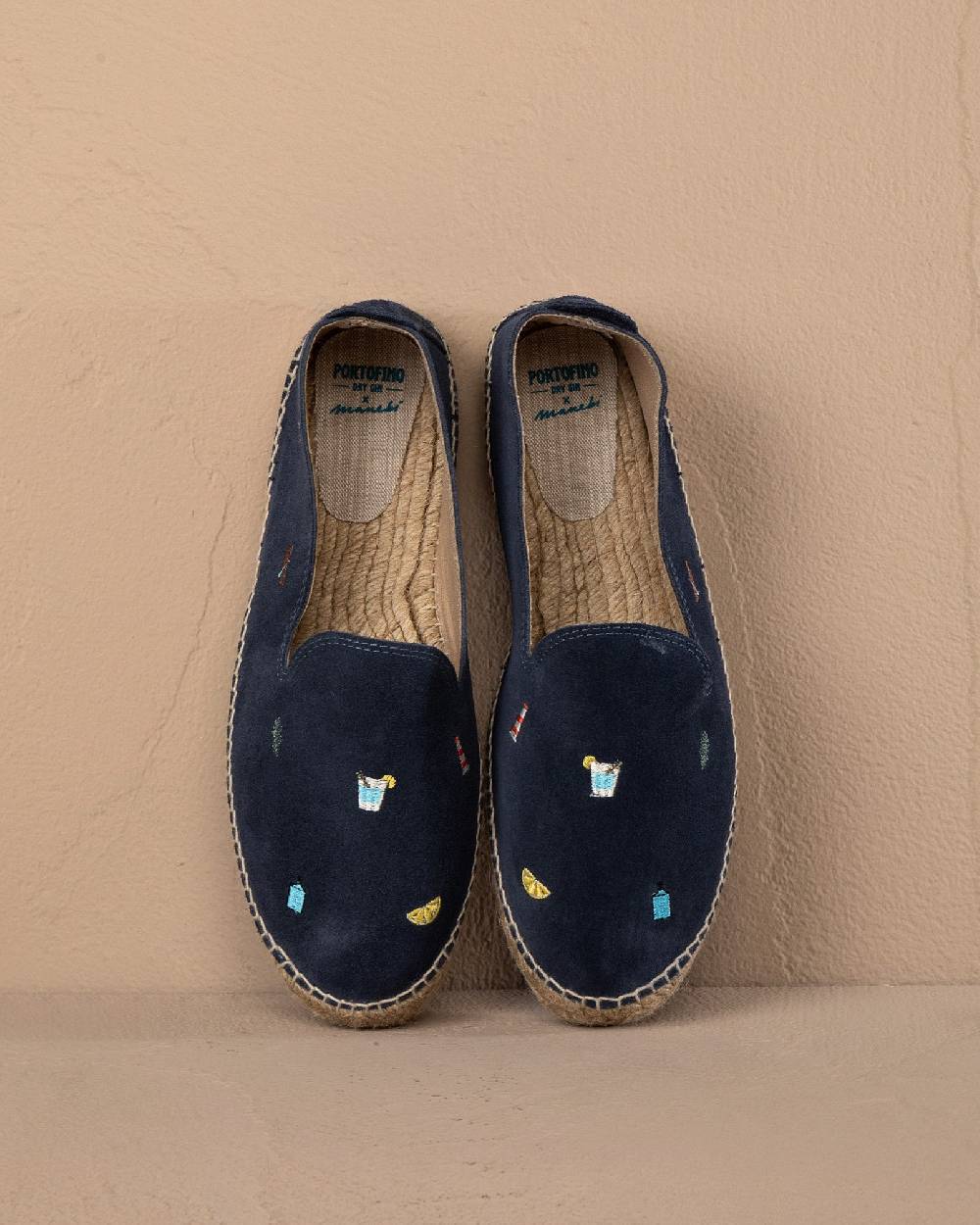 Manebí Espadrillas in Pelle Scamosciata - Portofino Dry Gin X Manebí Patriot Blue con Ricami Multicolor Italy