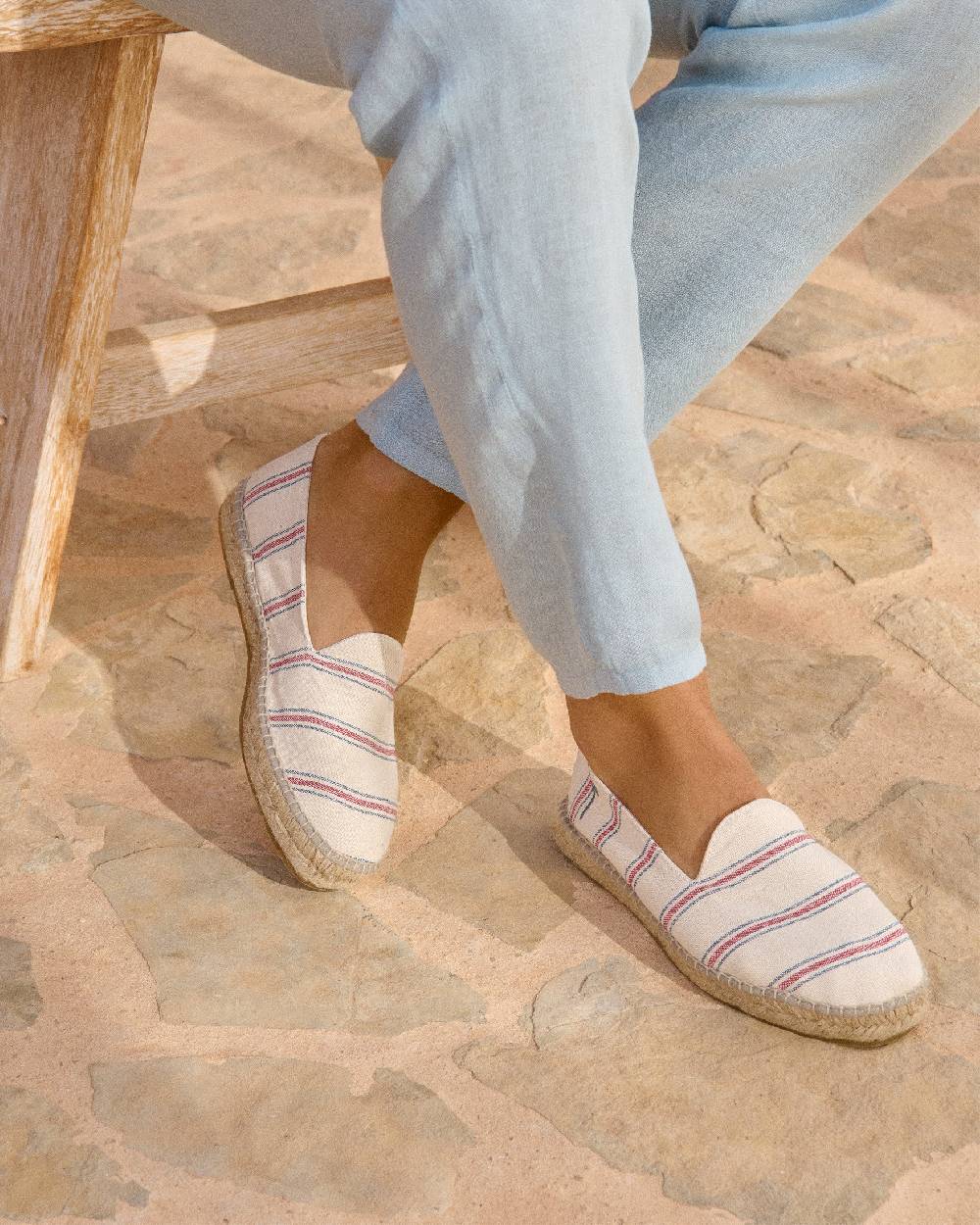 Manebí Recycled Cotton Canvas Espadrilles - Red \u0026 Navy Blue Micro Stripes On Beige Qualità