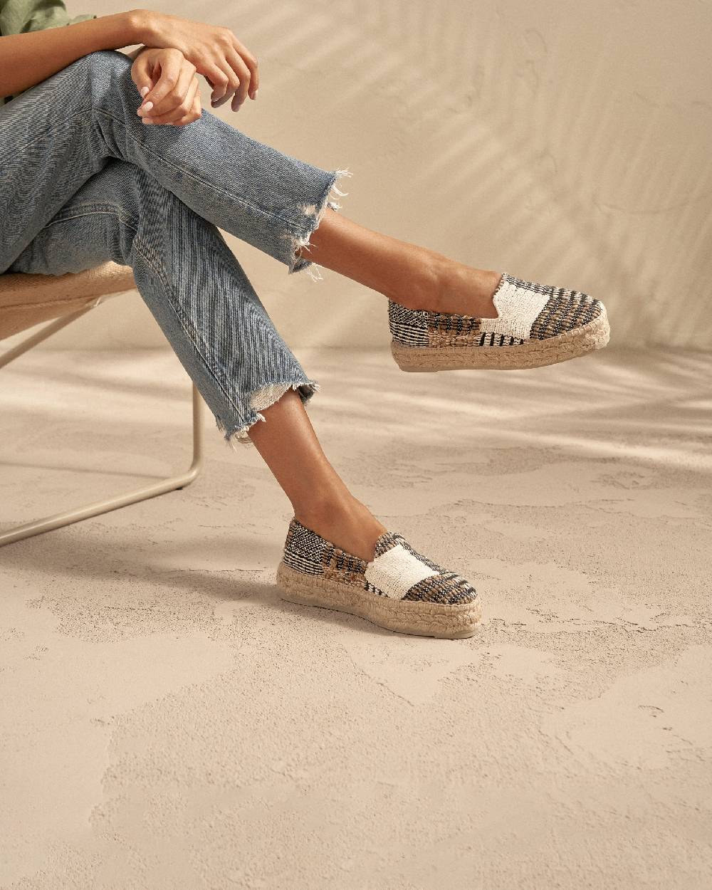 Manebí Silk And Cotton Patchwork|Double Sole Espadrilles - Yucatán White Natural And Black Negozio