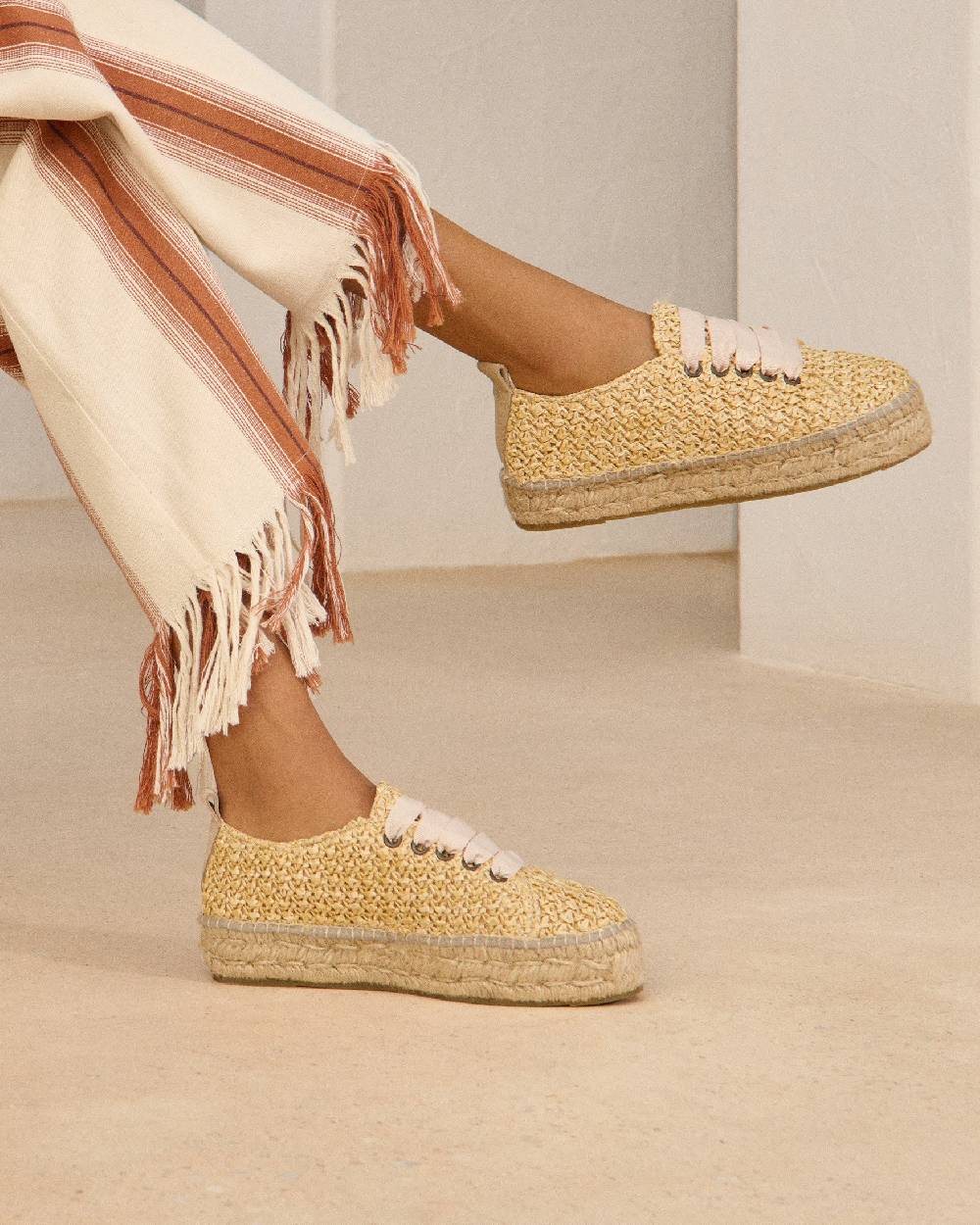 Manebí Raffia Lace-Up Espadrilles - Pink, Light Blue \u0026 Pastel Rose Laces Raffia Net Fornitura limitata