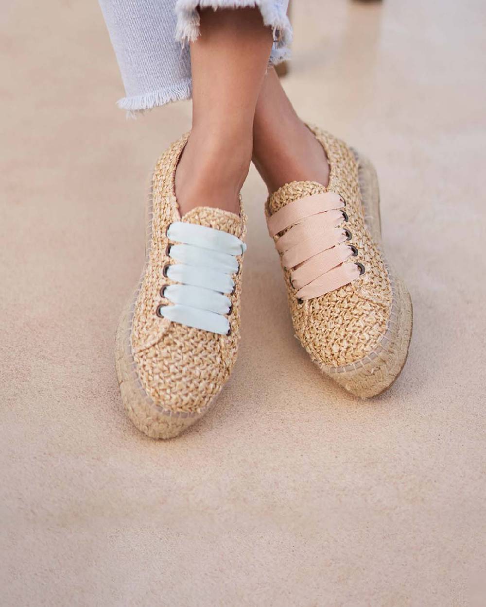 Manebí Raffia Lace-Up Espadrilles - Pink, Light Blue \u0026 Pastel Rose Laces Raffia Net Fornitura limitata