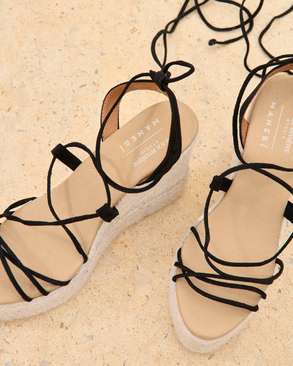 Manebí Portofino Soft Suede|Wedge Espadrilles - Lace-Up Black Only for today