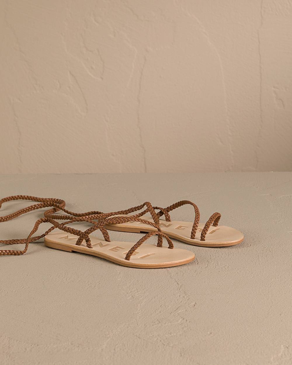 Manebí Leather Tie-Up Multi Braided Bands Sandals - Tan Consegna Veloce