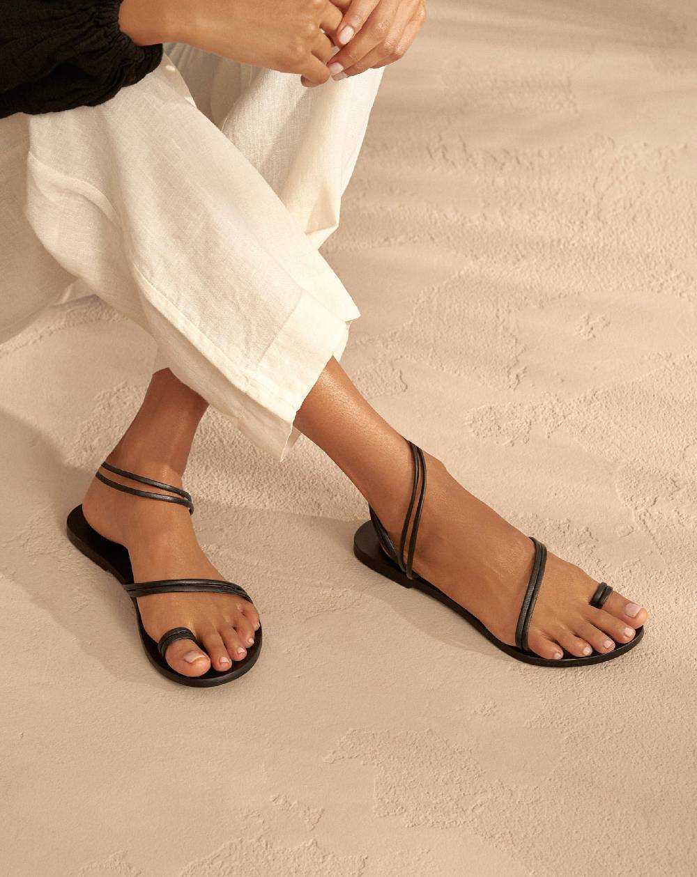 Manebí Francesca Leather Sandals - Toe Ring Black Stripes Shopping Online