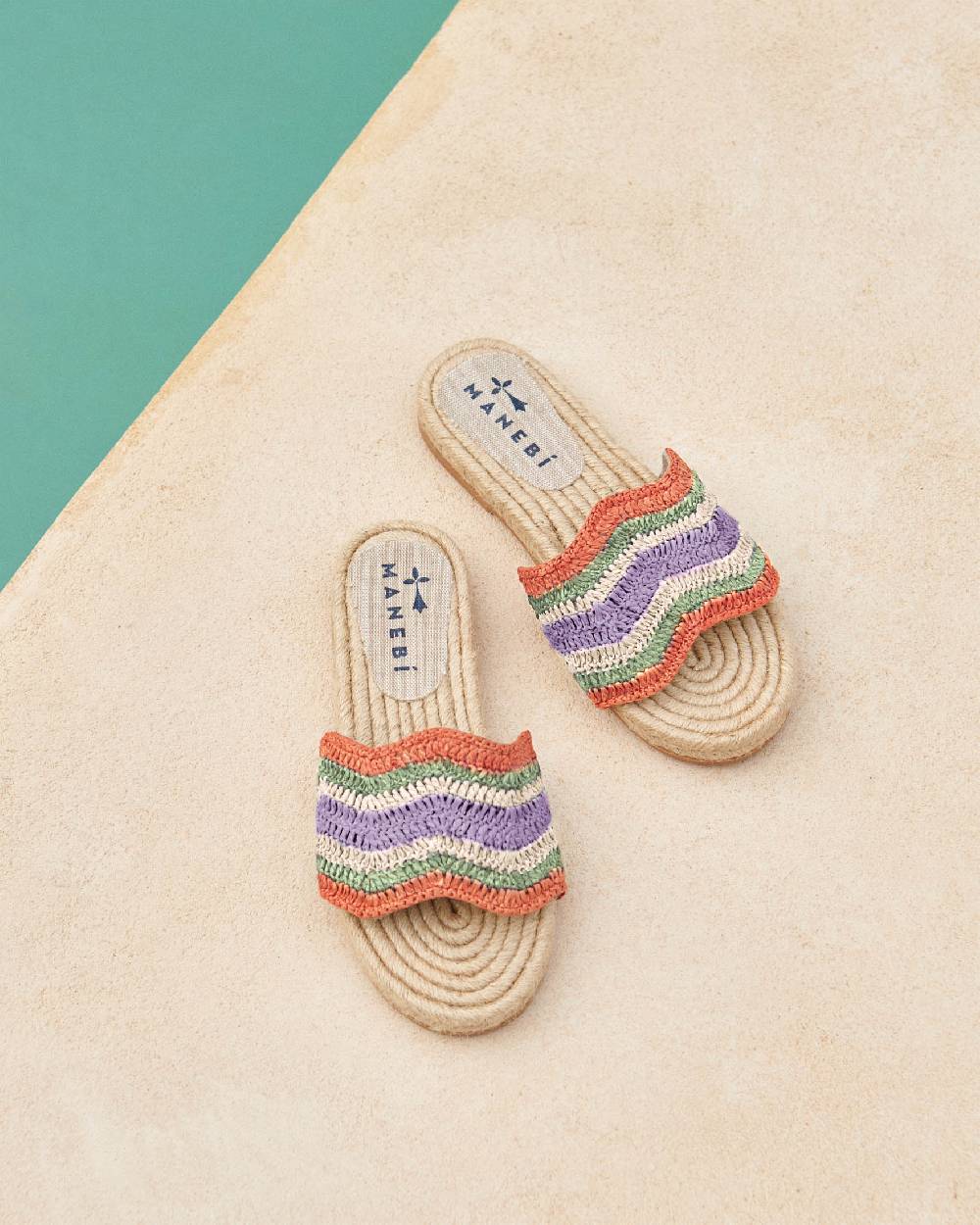 Manebí Raffia Crochet Jute Sandals - Yucatán Sage And Orange Rust Stripes Sottocosto