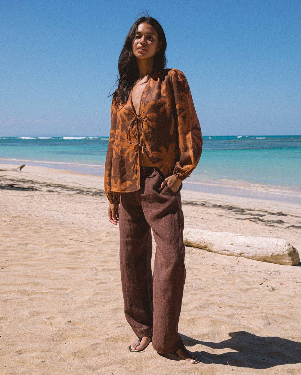 Manebí Printed Linen Cancun Shirt - Cocoa \u0026 Orange Rust Maxi Palm Latest fashion