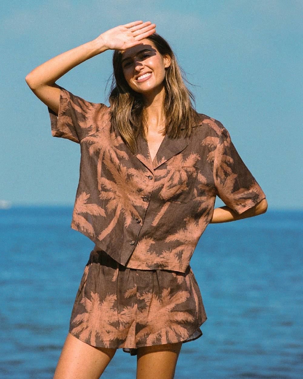 Manebí Printed Linen Cumana Shirt - Cocoa And Orange Rust Maxi Palm Offerta temporanea