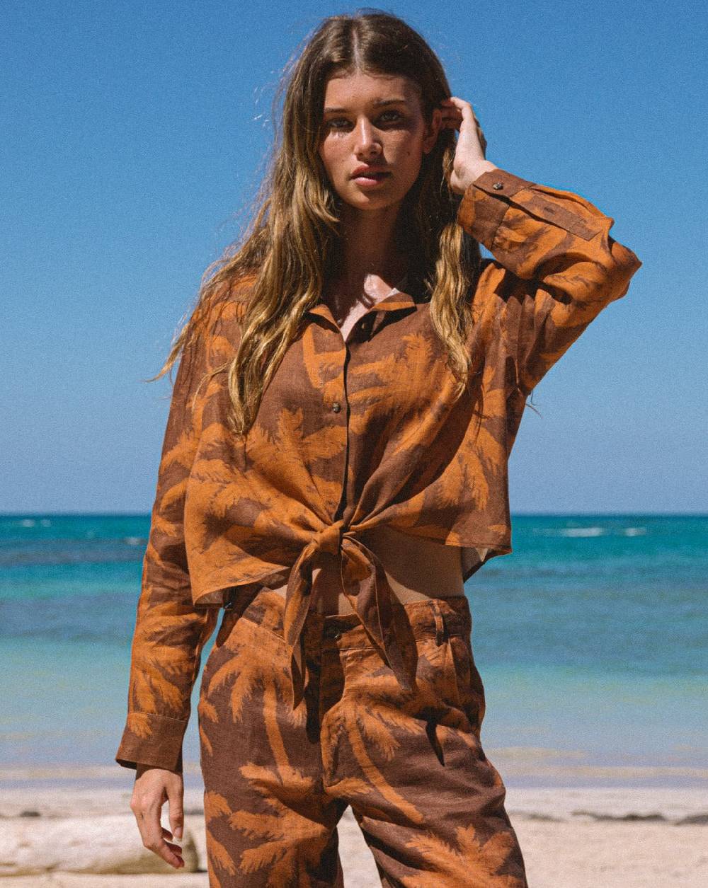 Manebí Printed Linen Santos Shirt - Cocoa \u0026 Orange Rust Maxi Palm Lightning offer