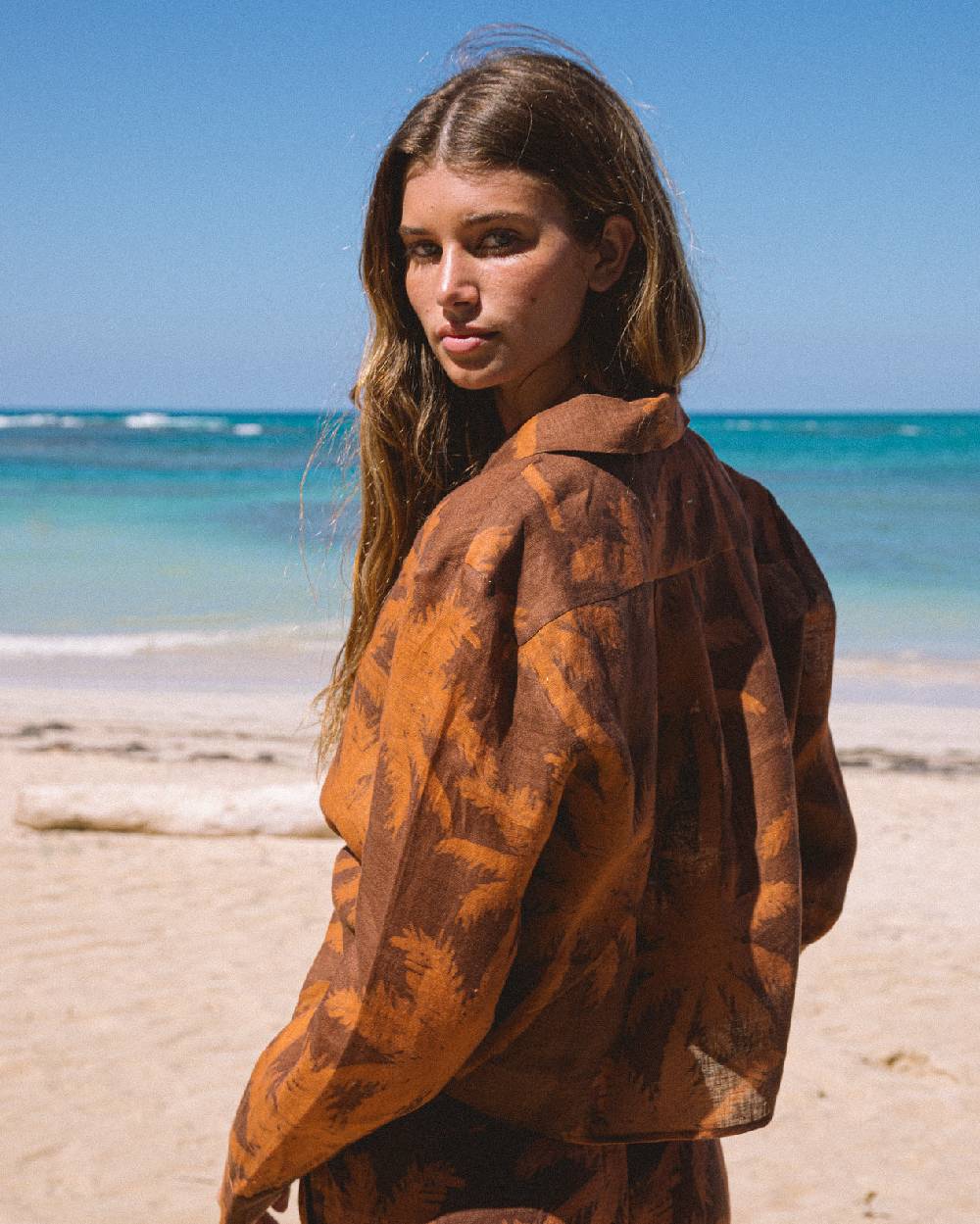 Manebí Printed Linen Santos Shirt - Cocoa \u0026 Orange Rust Maxi Palm Lightning offer