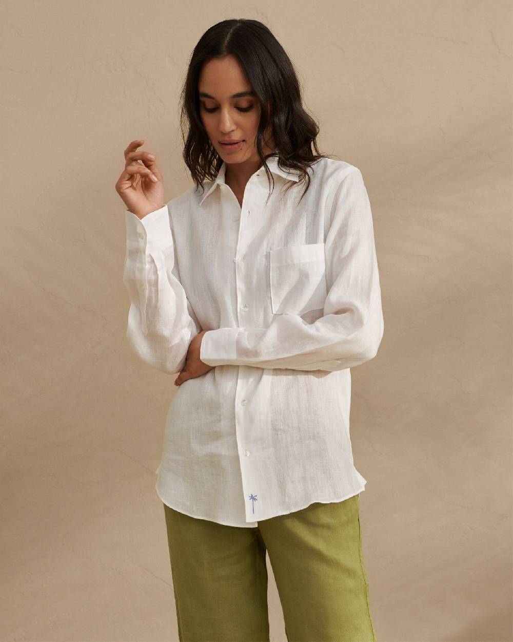 Manebí Linen Panama Shirt - Embroidered Palm White Liquidazione