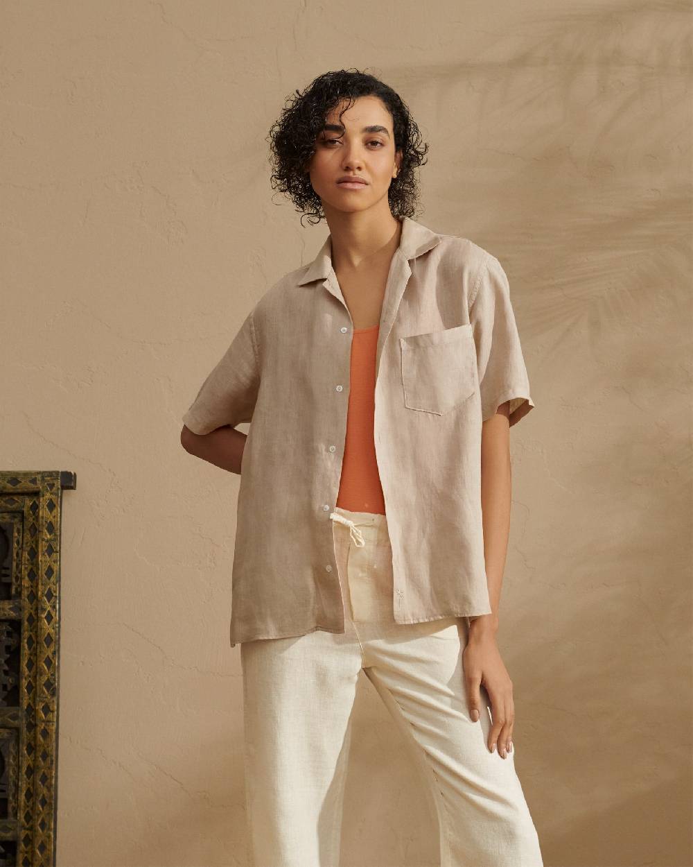 Manebí Washed Linen Havana|Camp-Collar Shirt - Sand Offerte giornaliere