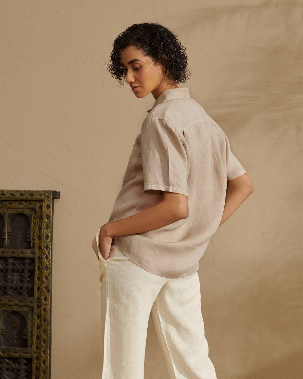 Manebí Washed Linen Havana|Camp-Collar Shirt - Sand Offerte giornaliere
