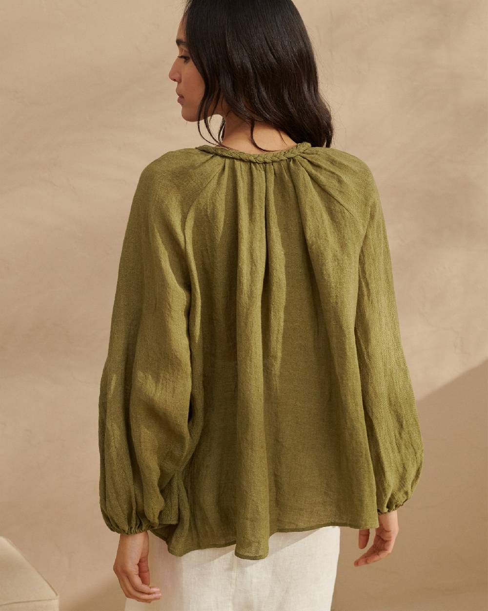 Manebí Linen Gauze Mykonos Shirt - Hand Braided Cord Kaki Green Sconti VIP