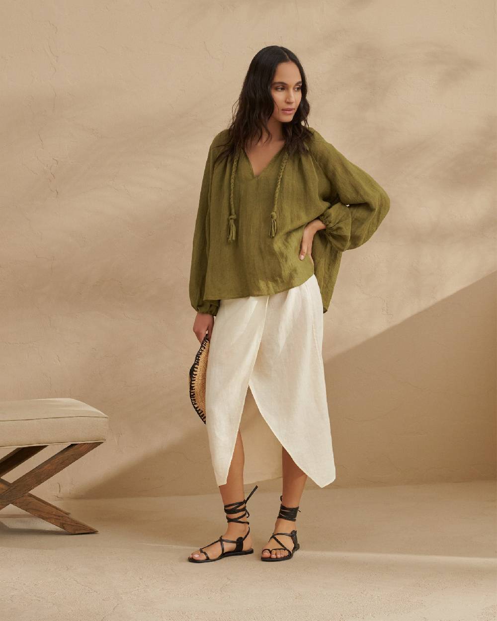 Manebí Linen Gauze Mykonos Shirt - Hand Braided Cord Kaki Green Sconti VIP