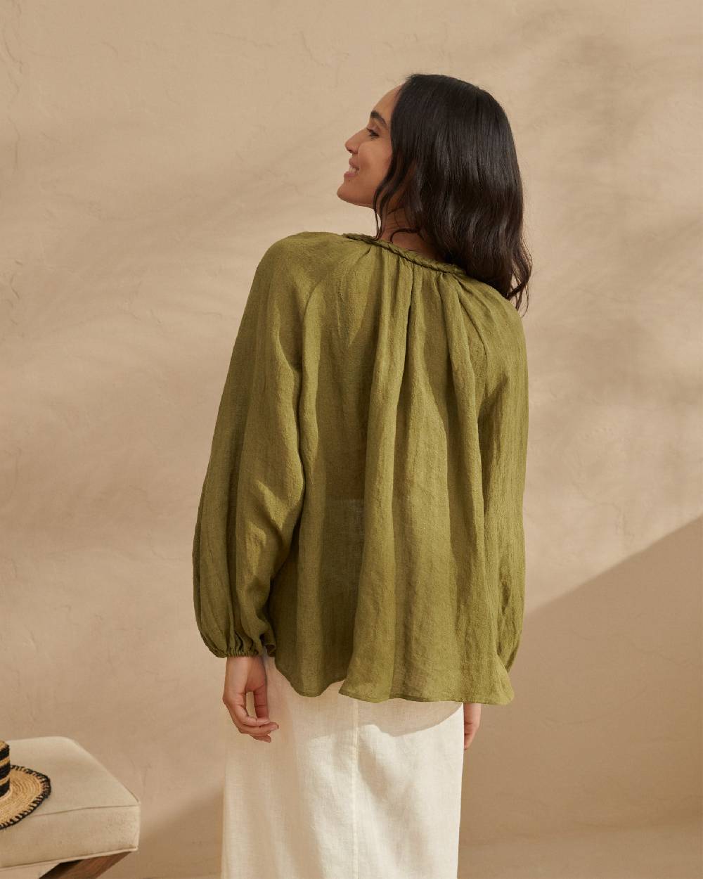 Manebí Linen Gauze Mykonos Shirt - Hand Braided Cord Kaki Green Sconti VIP