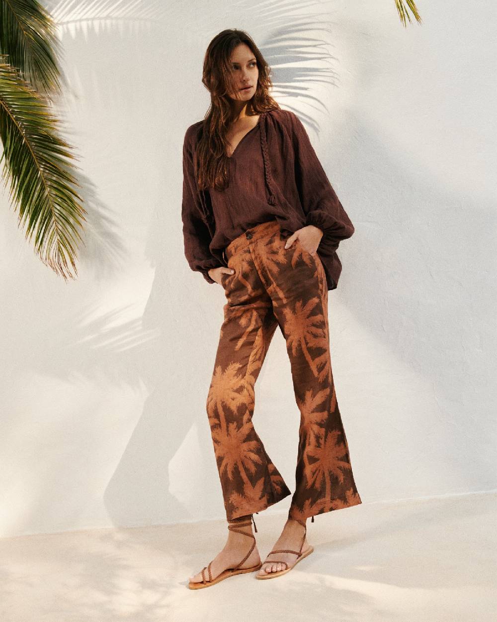 Manebí Printed Linen|Salamanca Trousers - Cocoa \u0026 Orange Rust Maxi Palm Prezzo basso