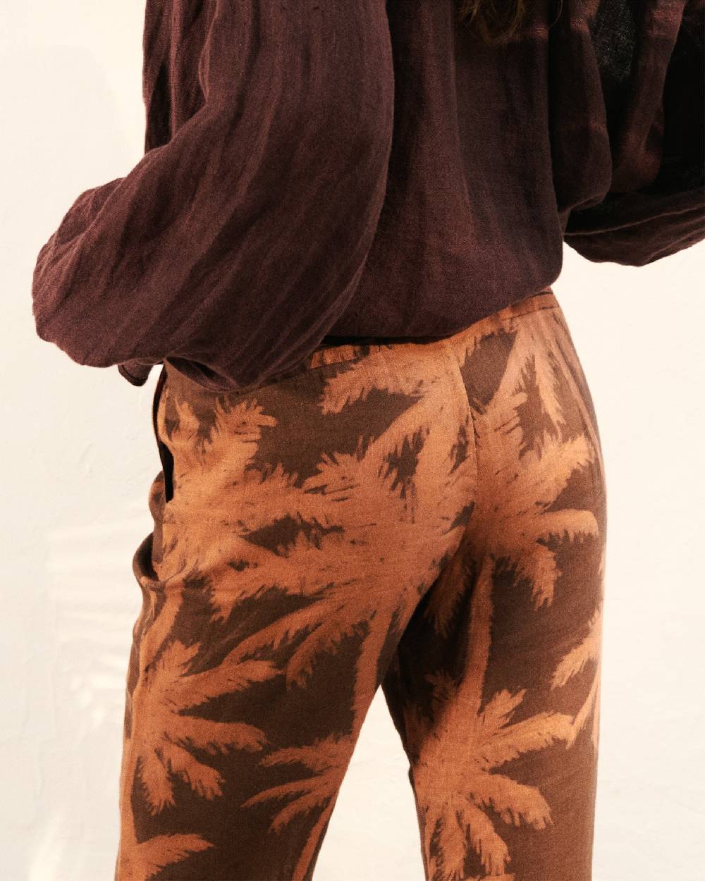 Manebí Printed Linen|Salamanca Trousers - Cocoa \u0026 Orange Rust Maxi Palm Prezzo basso