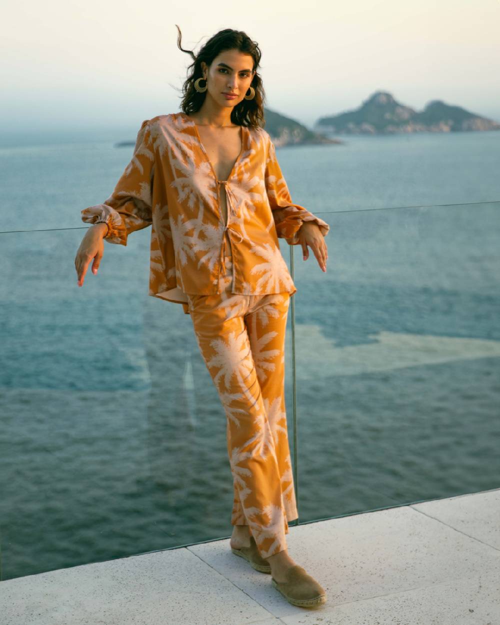 Manebí Printed Cotton|Salamanca Trousers - Sunbaked \u0026 Cream Pink Maxi Palm Super Saving Price