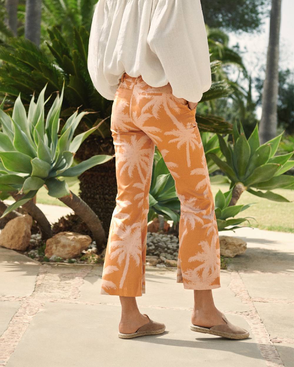 Manebí Printed Cotton|Salamanca Trousers - Sunbaked \u0026 Cream Pink Maxi Palm Super Saving Price