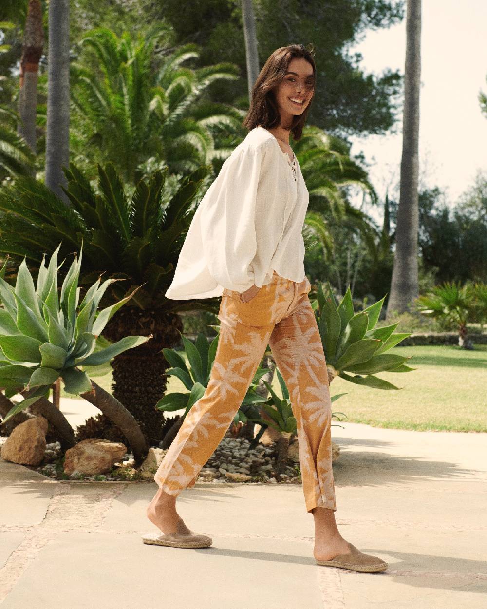 Manebí Printed Cotton|Salamanca Trousers - Sunbaked \u0026 Cream Pink Maxi Palm Super Saving Price