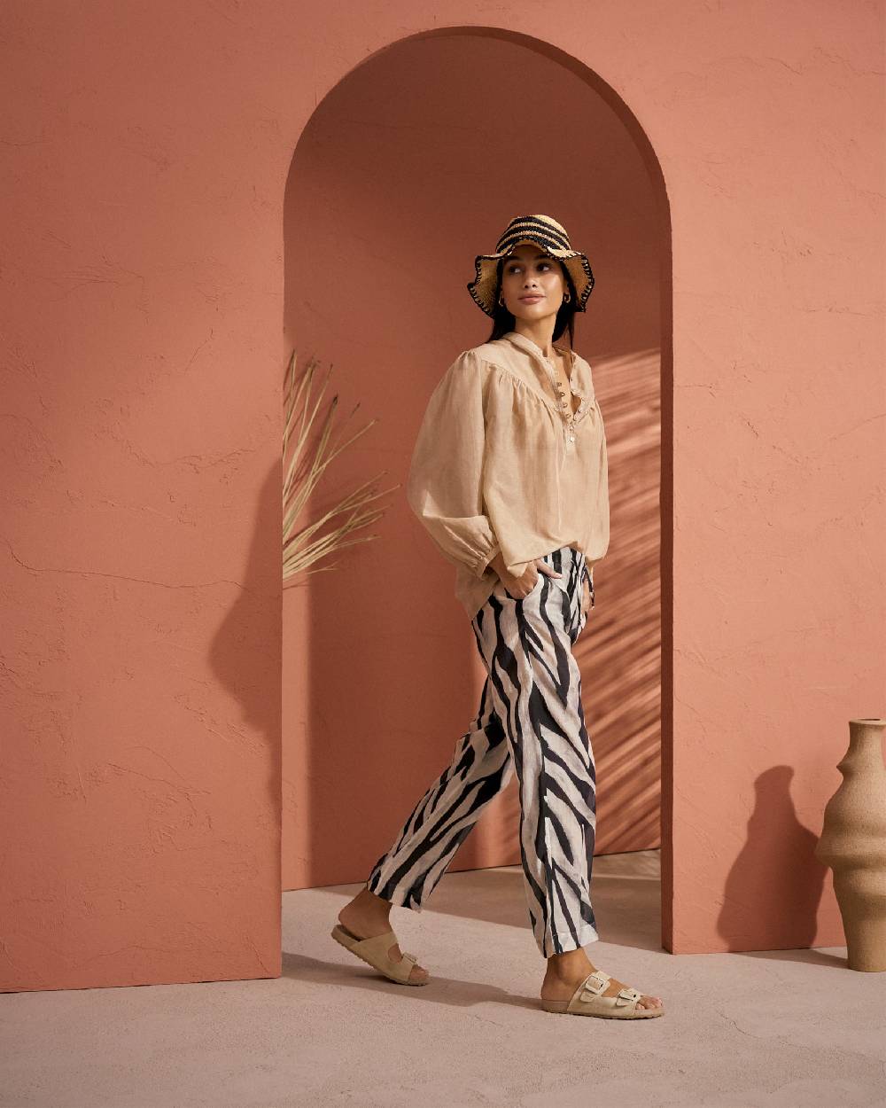 Manebí Printed Cotton Silk Voile|Belem Trousers - Elasticated Waistband Black Off White Maxi Zebra Latest stili
