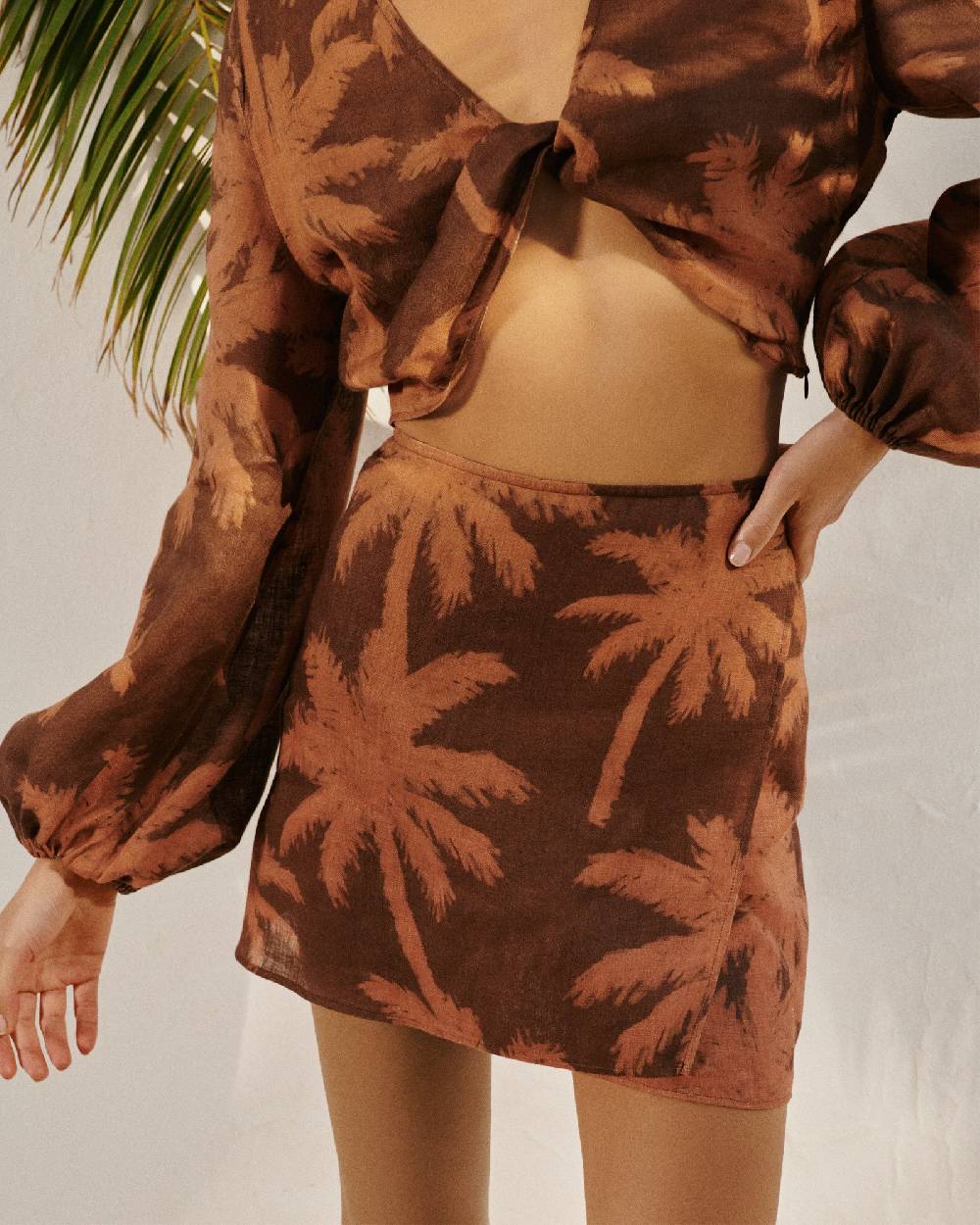 Manebí Printed Linen Posadas Skirt - Cocoa And Orange Rust Maxi Palm Ultimi due giorni