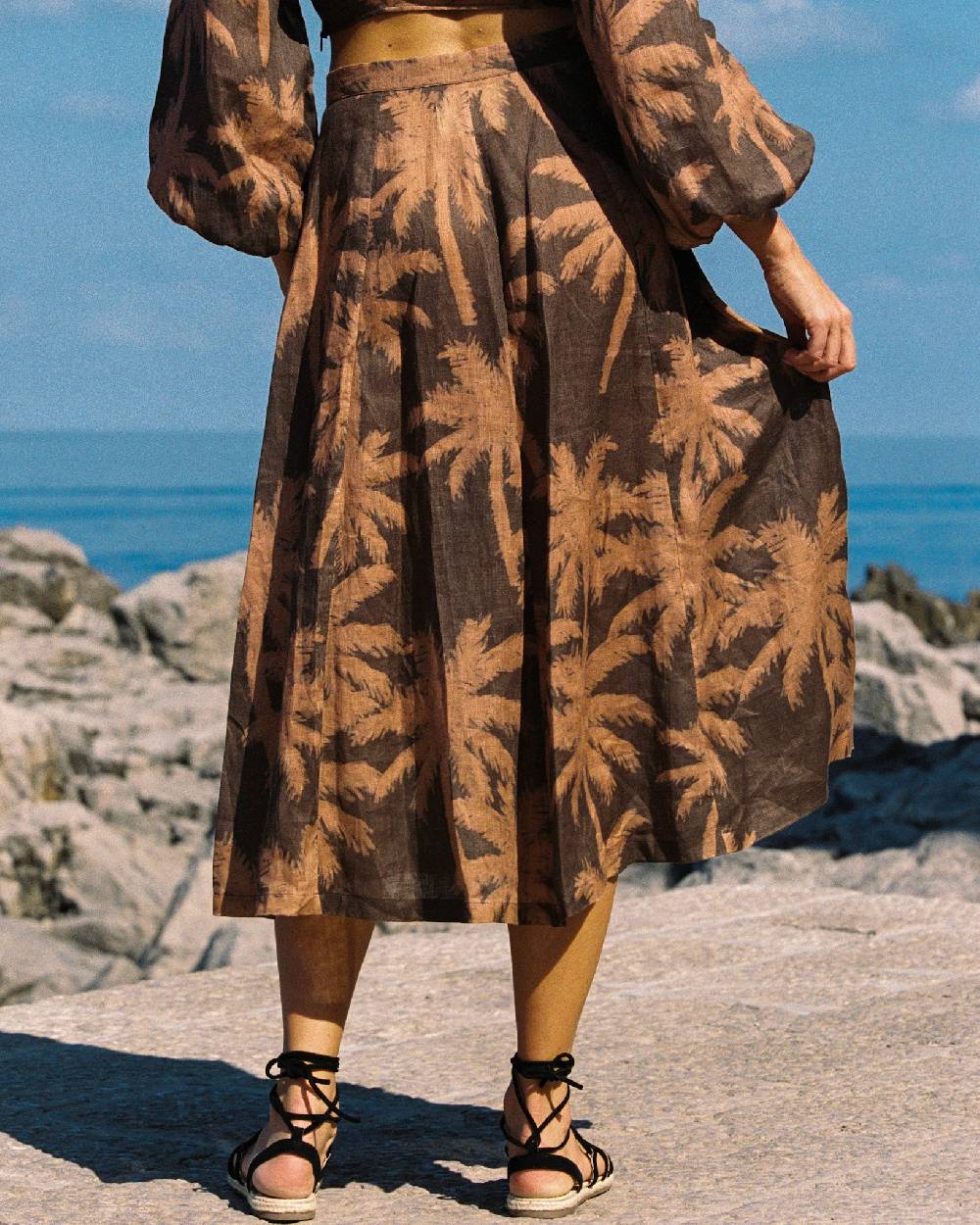 Manebí Printed Linen Cordoba Skirt - Cocoa And Orange Rust Maxi Palm Promozione temporanea