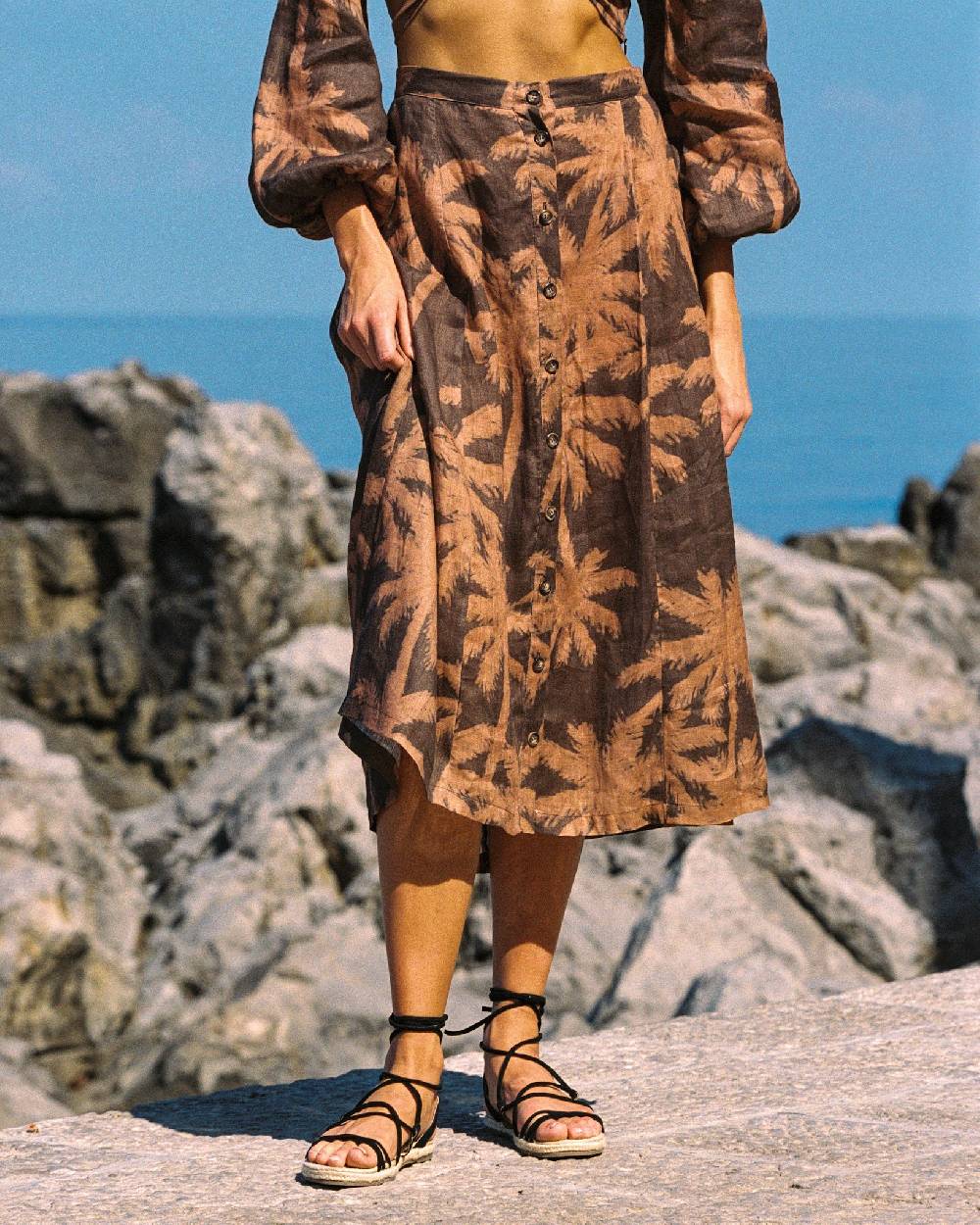 Manebí Printed Linen Cordoba Skirt - Cocoa And Orange Rust Maxi Palm Promozione temporanea
