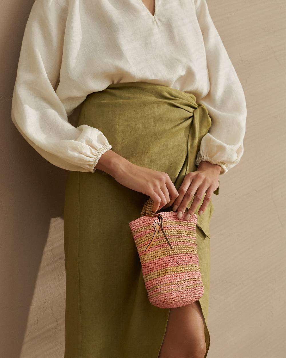 Manebí Linen Lencois Skirt - Wraparound design with knot Kaki Green Fino al 65% di sconto