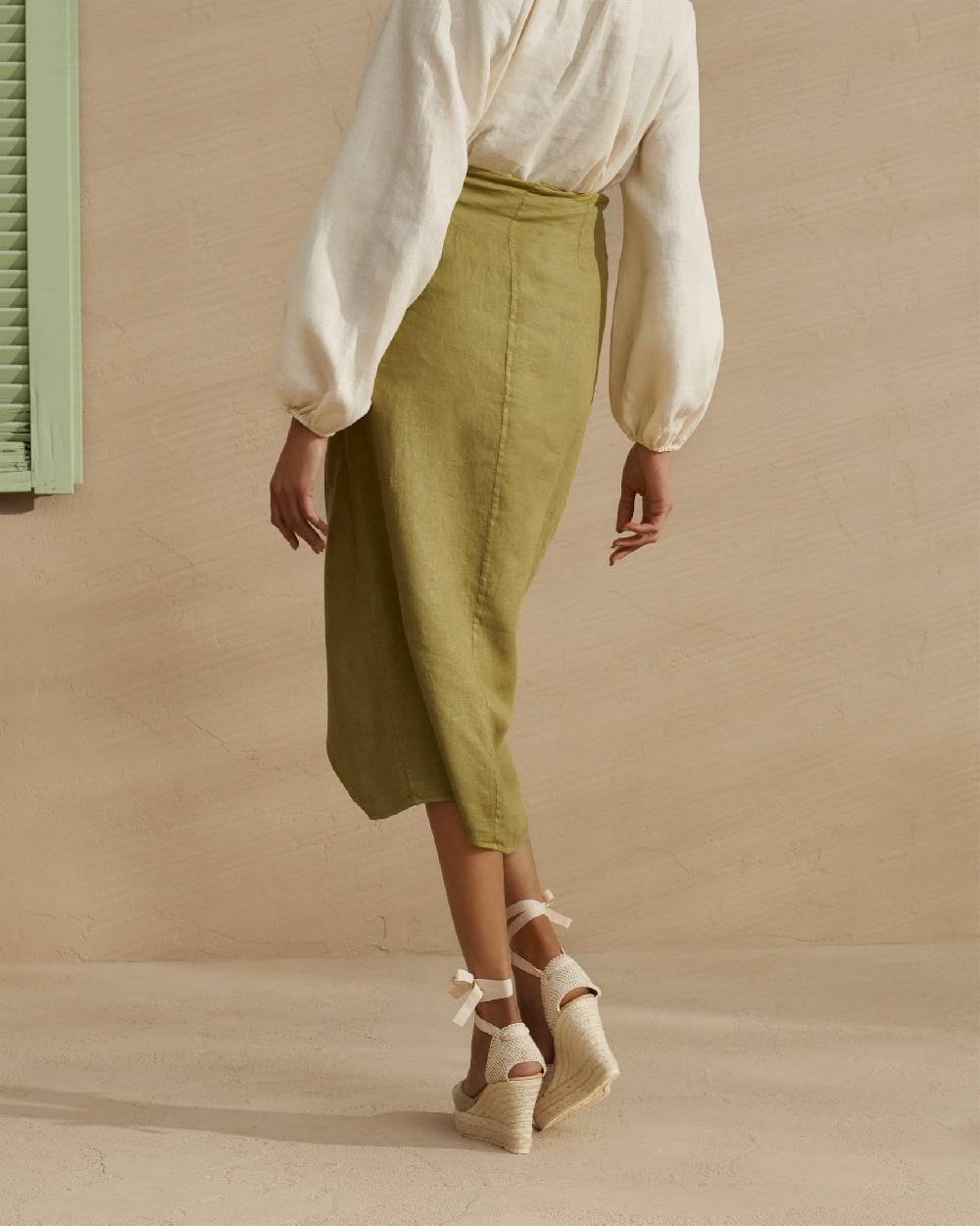 Manebí Linen Lencois Skirt - Wraparound design with knot Kaki Green Fino al 65% di sconto