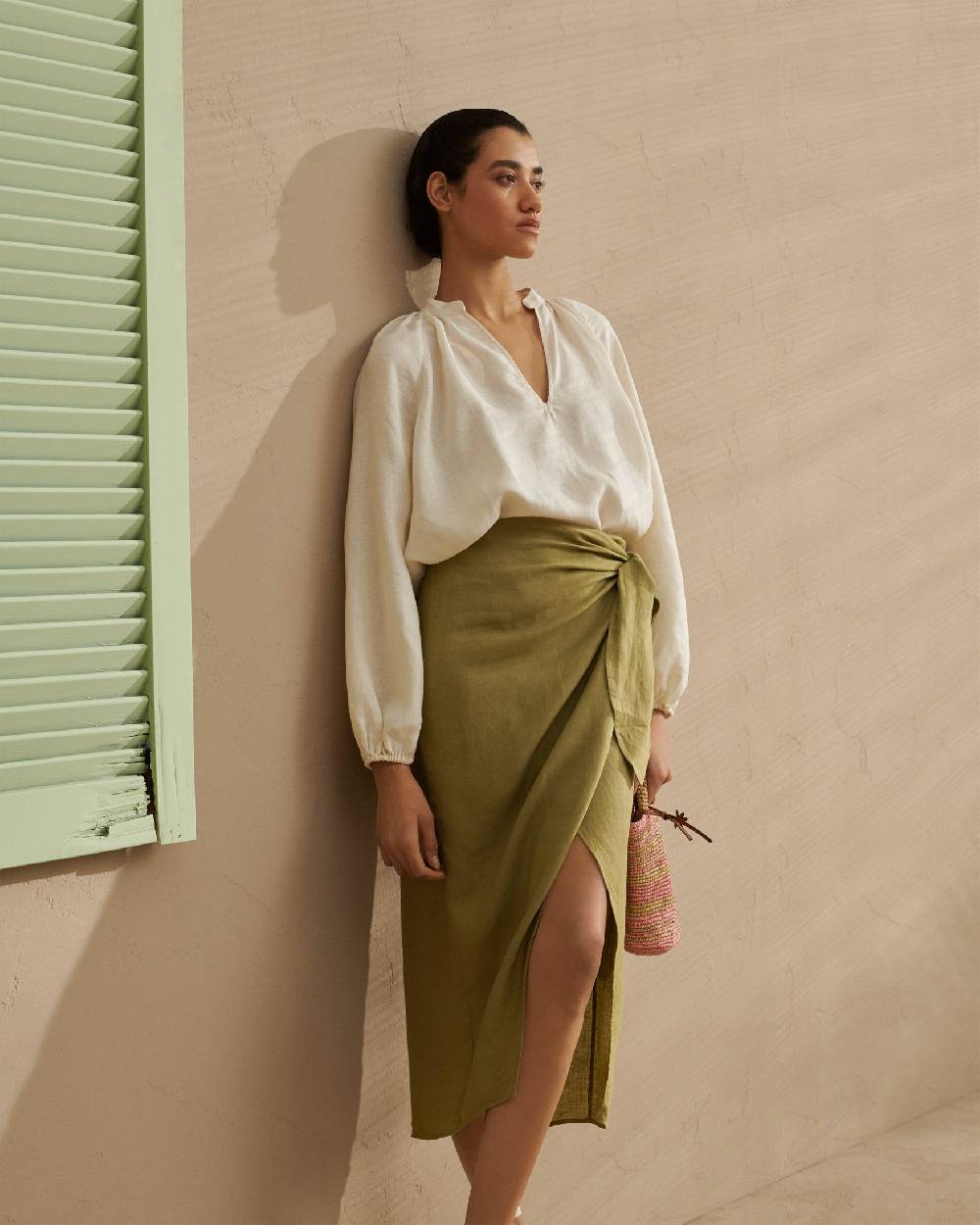 Manebí Linen Lencois Skirt - Wraparound design with knot Kaki Green Fino al 65% di sconto