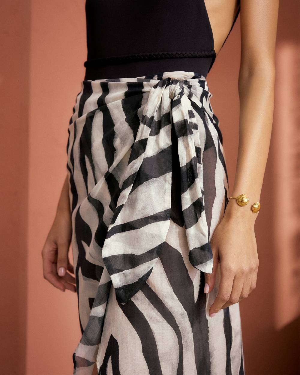 Manebí Printed Cotton Silk Voile|Lencois Skirt - Wraparound Design with Knot Black Off White Maxi Zebra Offerta speciale della fabbrica