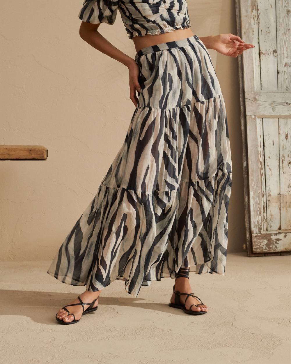 Manebí Printed Silk Cotton Cotton|Voile Recife Skirt - With Ruffles Black Off White Maxi Zebra Sostegno trimestrale