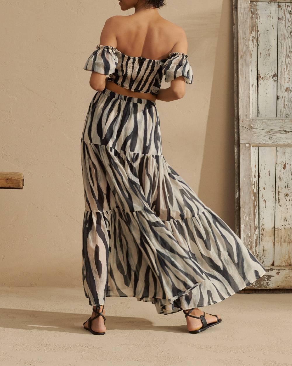 Manebí Printed Silk Cotton Cotton|Voile Recife Skirt - With Ruffles Black Off White Maxi Zebra Sostegno trimestrale