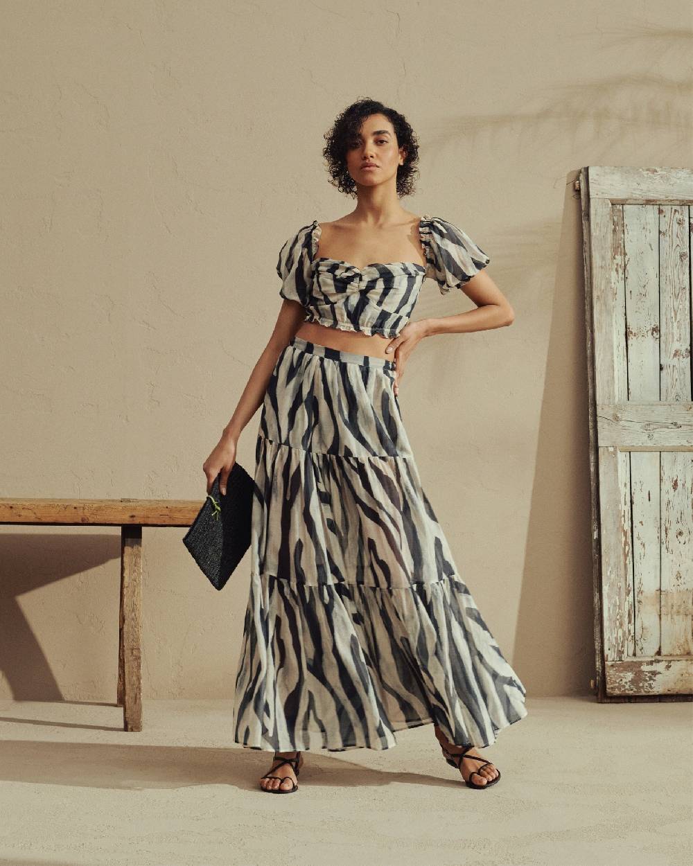 Manebí Printed Silk Cotton Cotton|Voile Recife Skirt - With Ruffles Black Off White Maxi Zebra Sostegno trimestrale
