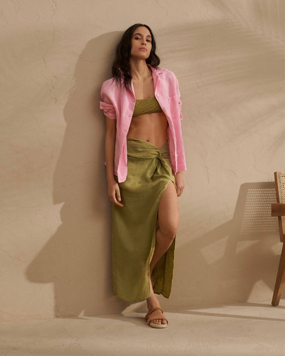 Manebí Linen Trancoso Skirt - With Lateral Slit Kaki Green Fino al 55% di sconto