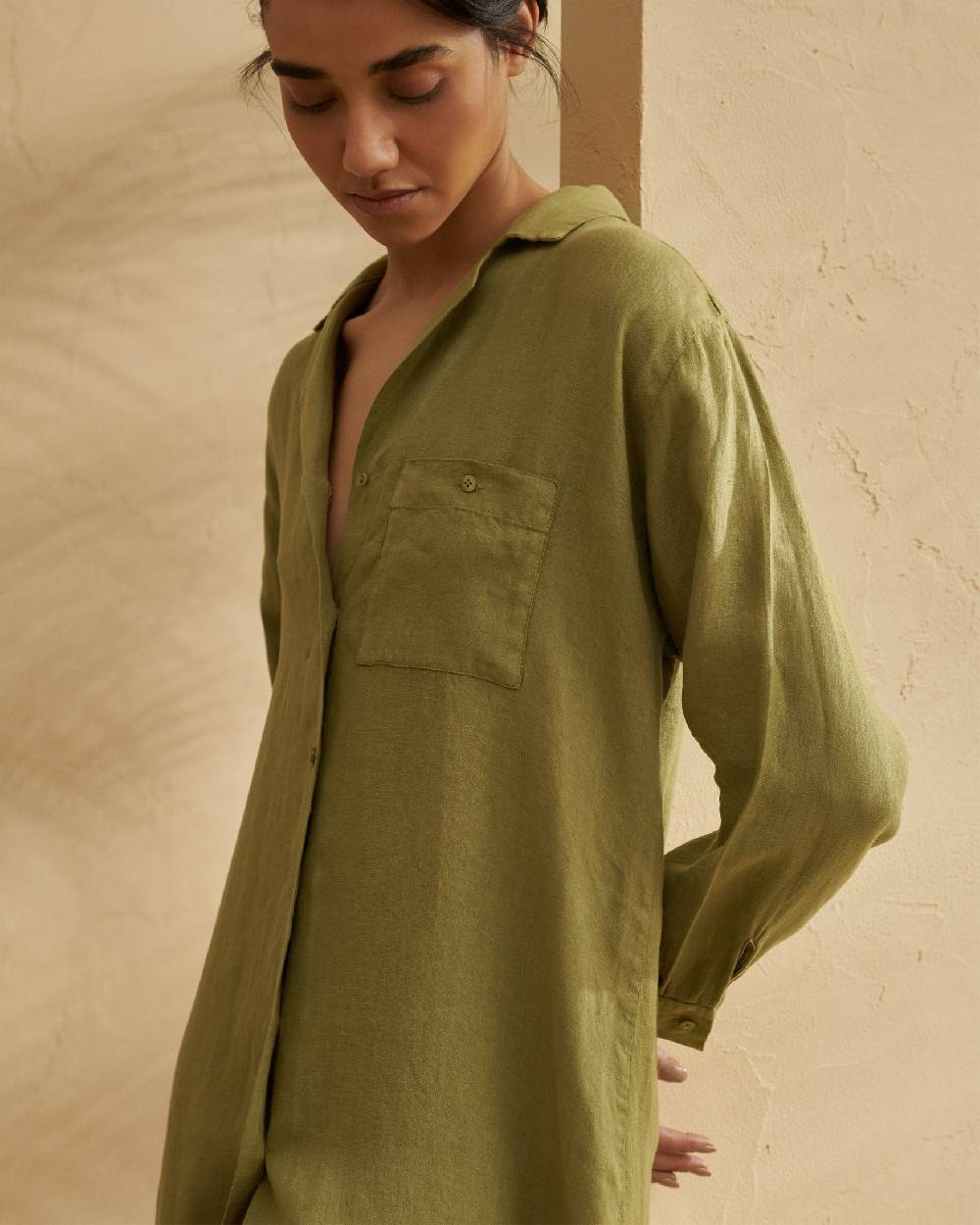 Manebí Linen Portofino Dress - Chemisier Style Kaki Green In vendita