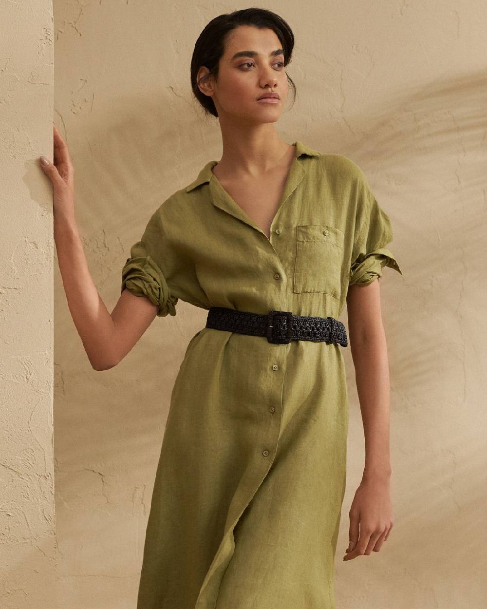 Manebí Linen Portofino Dress - Chemisier Style Kaki Green In vendita