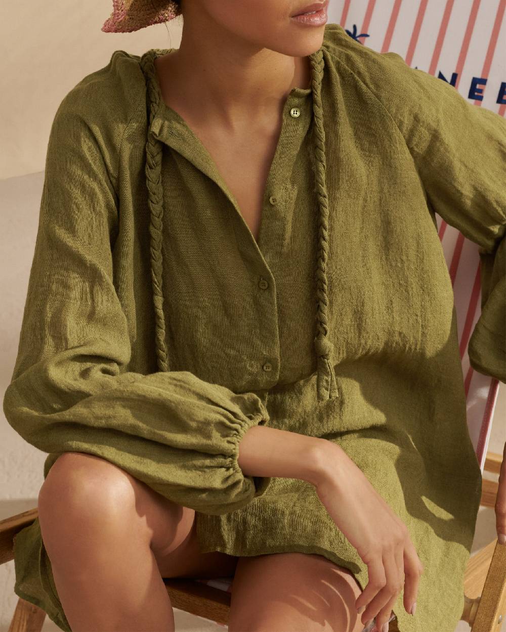 Manebí Linen Gauze Ibiza Dress - Hand Braided Cord Kaki Green Duty-free