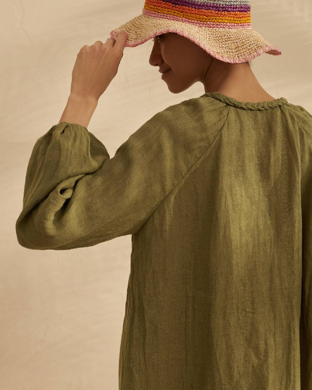 Manebí Linen Gauze Ibiza Dress - Hand Braided Cord Kaki Green Duty-free